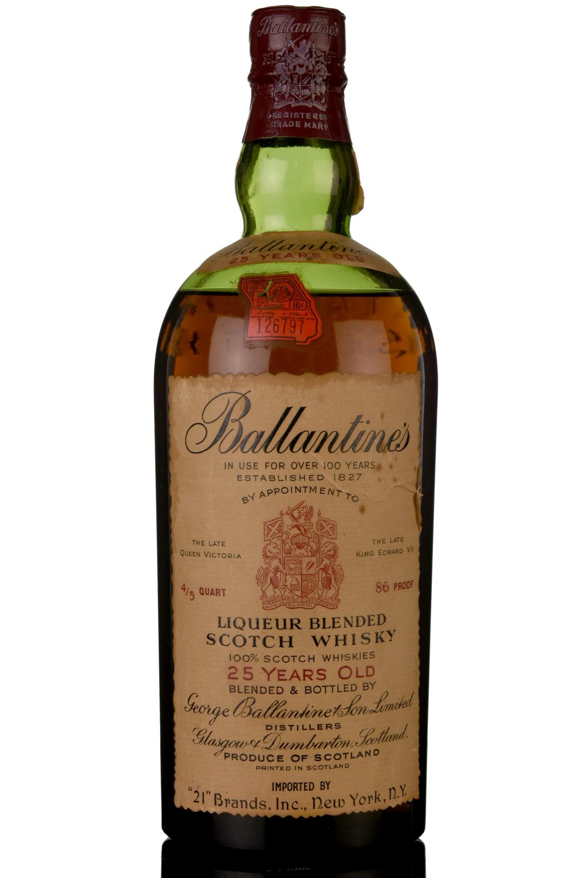 Ballantines 25 Year Old - 1950s - US Import