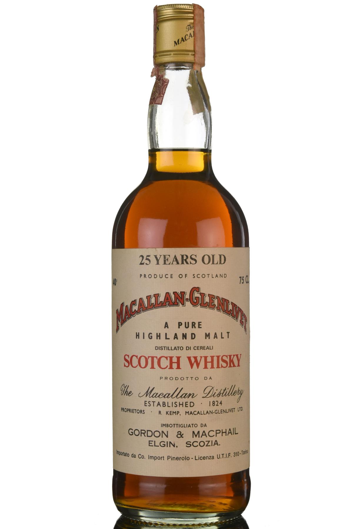 Macallan-Glenlivet 25 Year Old - Gordon & MacPhail - Pinerolo Import - 1970s