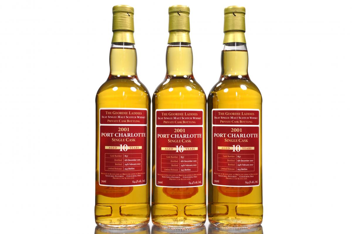 3 x Port Charlotte 2001-2012 - The Geordie Laddies Private Bottling