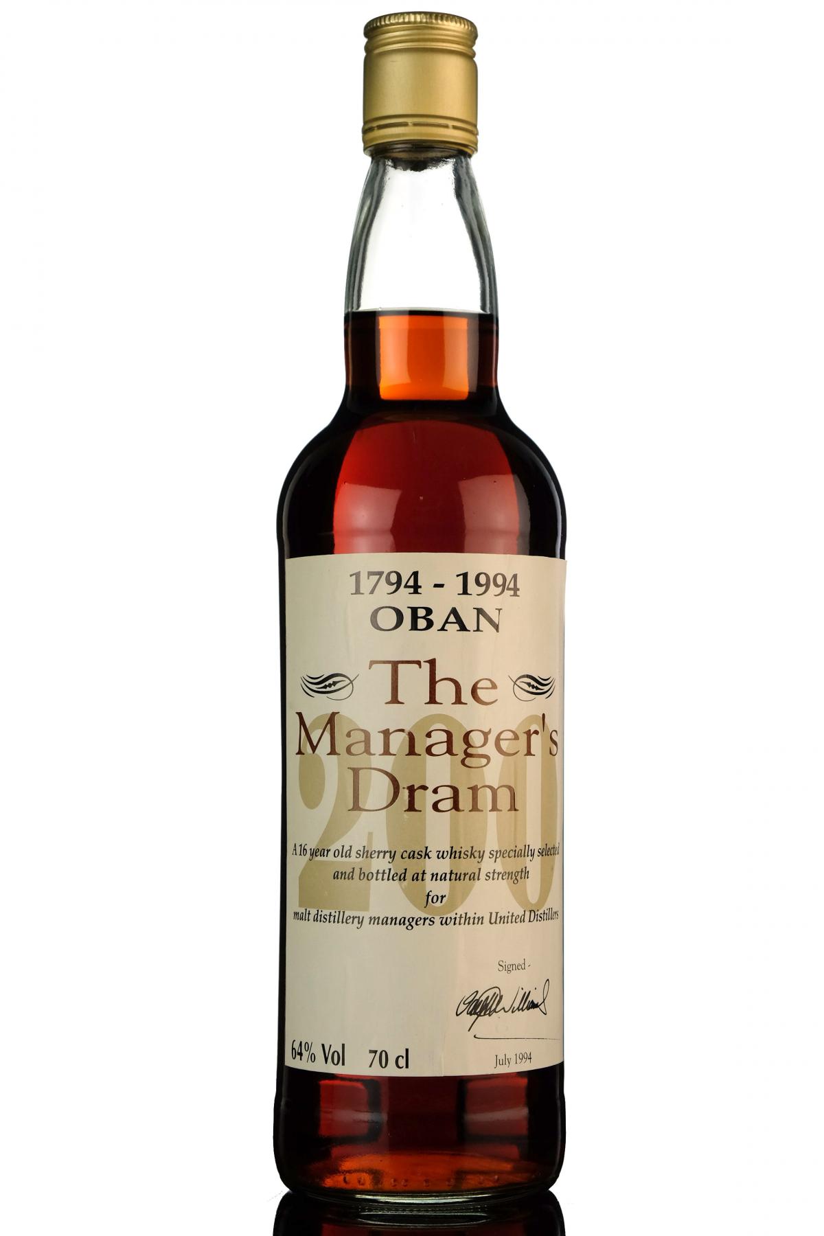 Oban 16 Year Old - Managers Dram - Bicentenary 1994