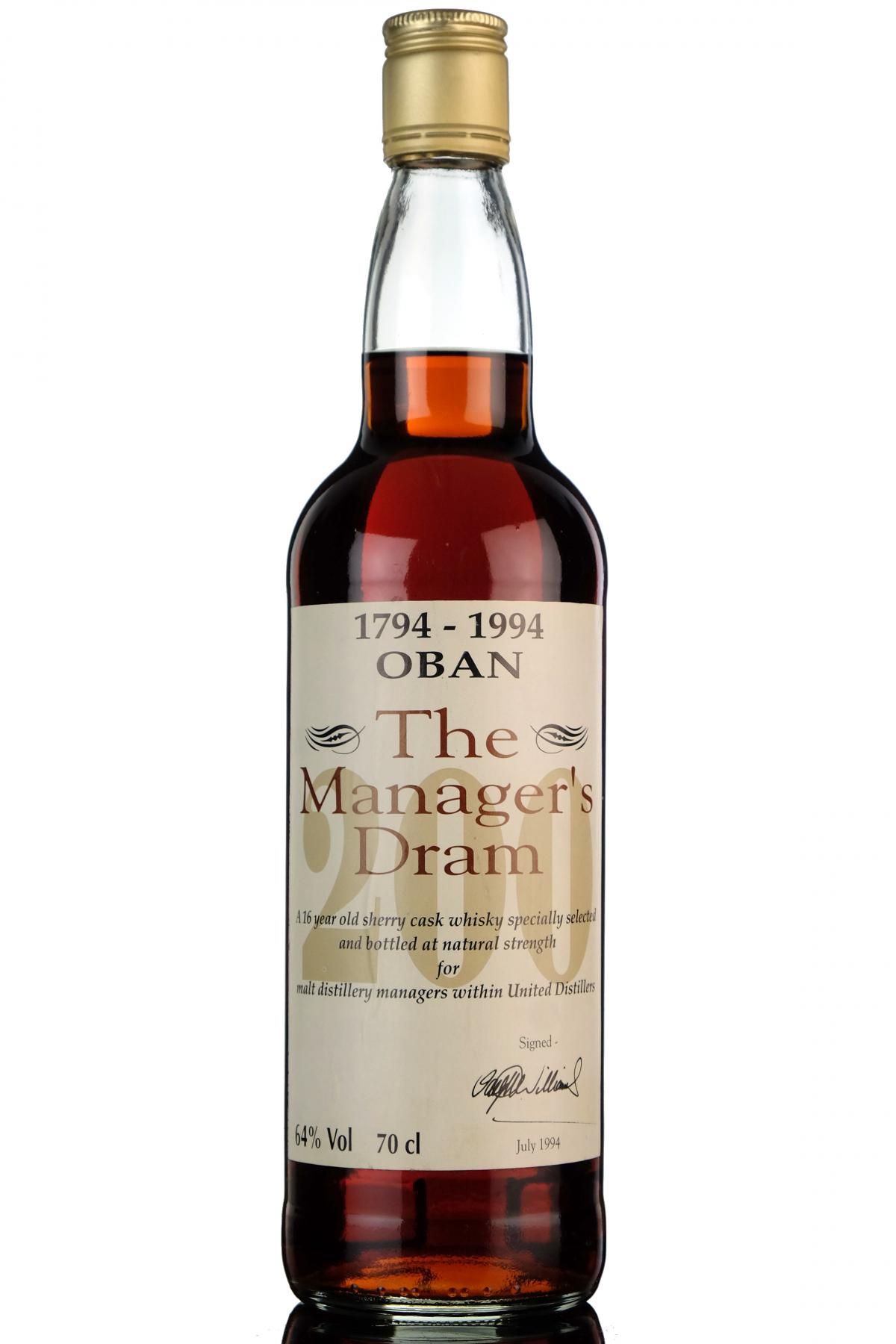 Oban 16 Year Old - Managers Dram - Bicentenary 1994