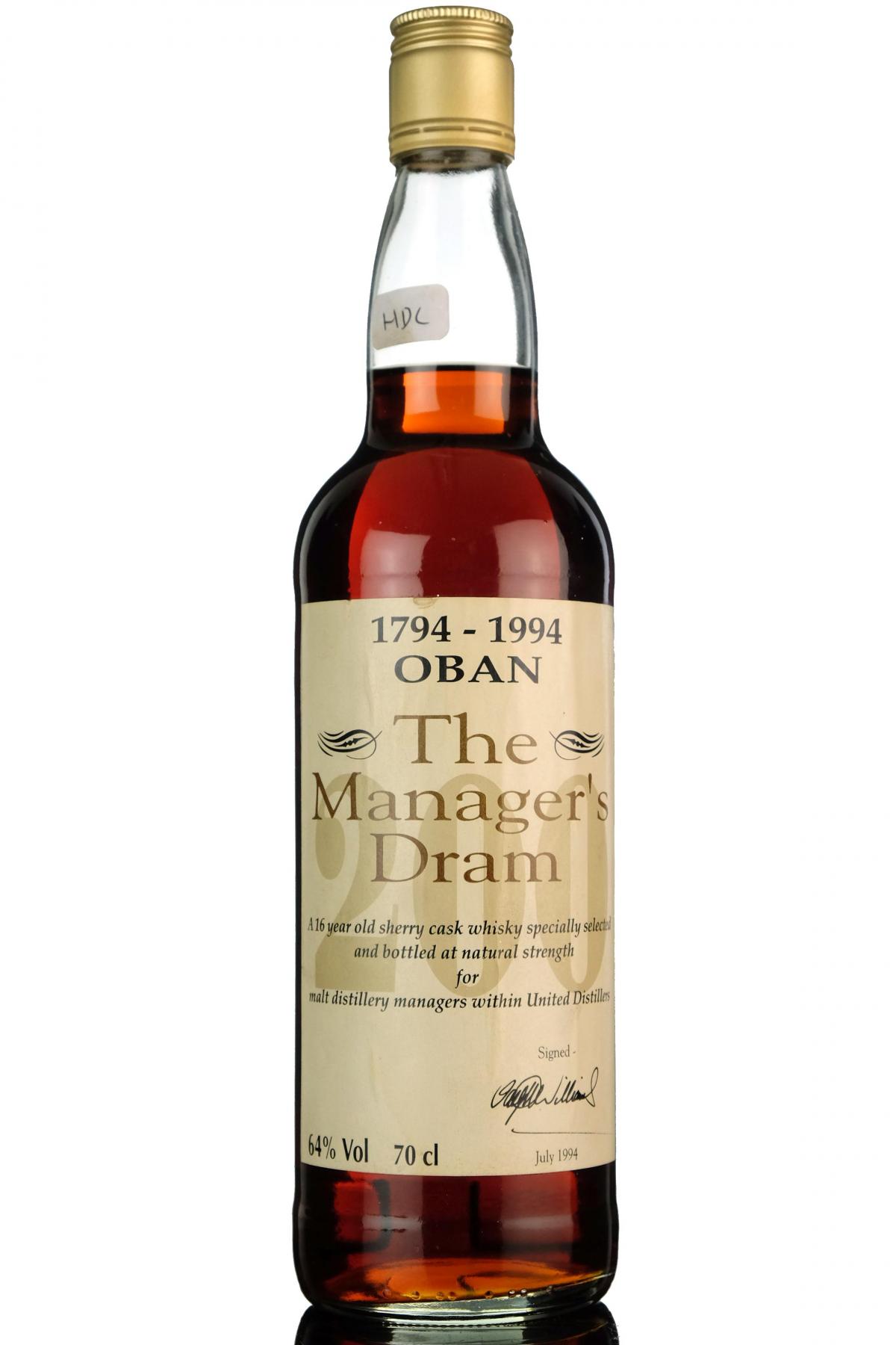 Oban 16 Year Old - Managers Dram - Bicentenary 1994