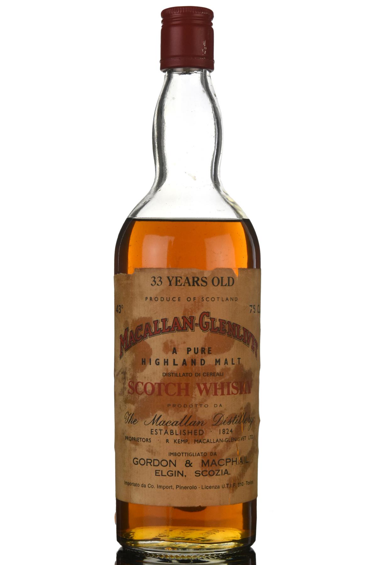 Macallan-Glenlivet 33 Year Old - Gordon & MacPhail - Pinerolo Import - 1970s