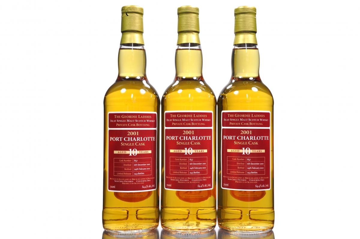 3 x Port Charlotte 2001-2012 - The Geordie Laddies Private Bottling