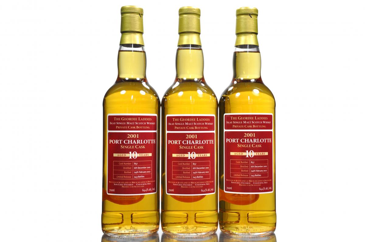 3 x Port Charlotte 2001-2012 - The Geordie Laddies Private Bottling